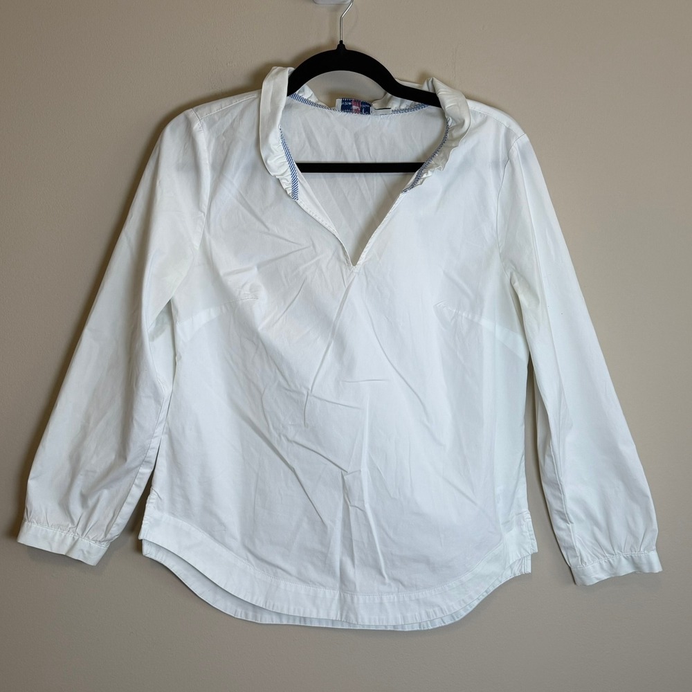 Vineyard Vines White Popover Blouse Women's XS Cotton Stretch Ruffle Collar